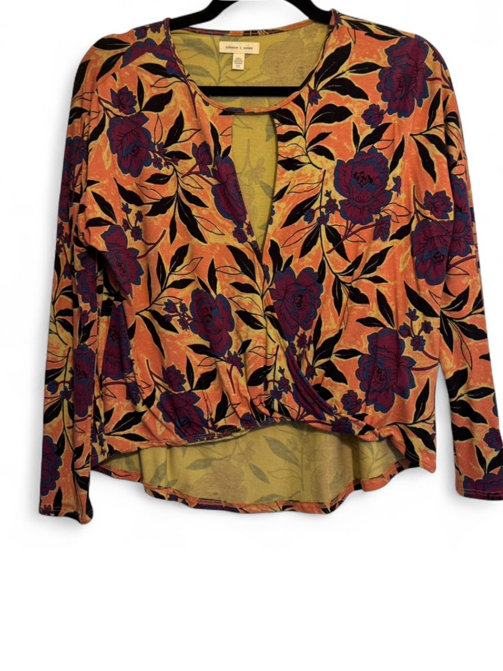 Urban Outfitters Orange Floral Wrap Blouse with Purple Accents